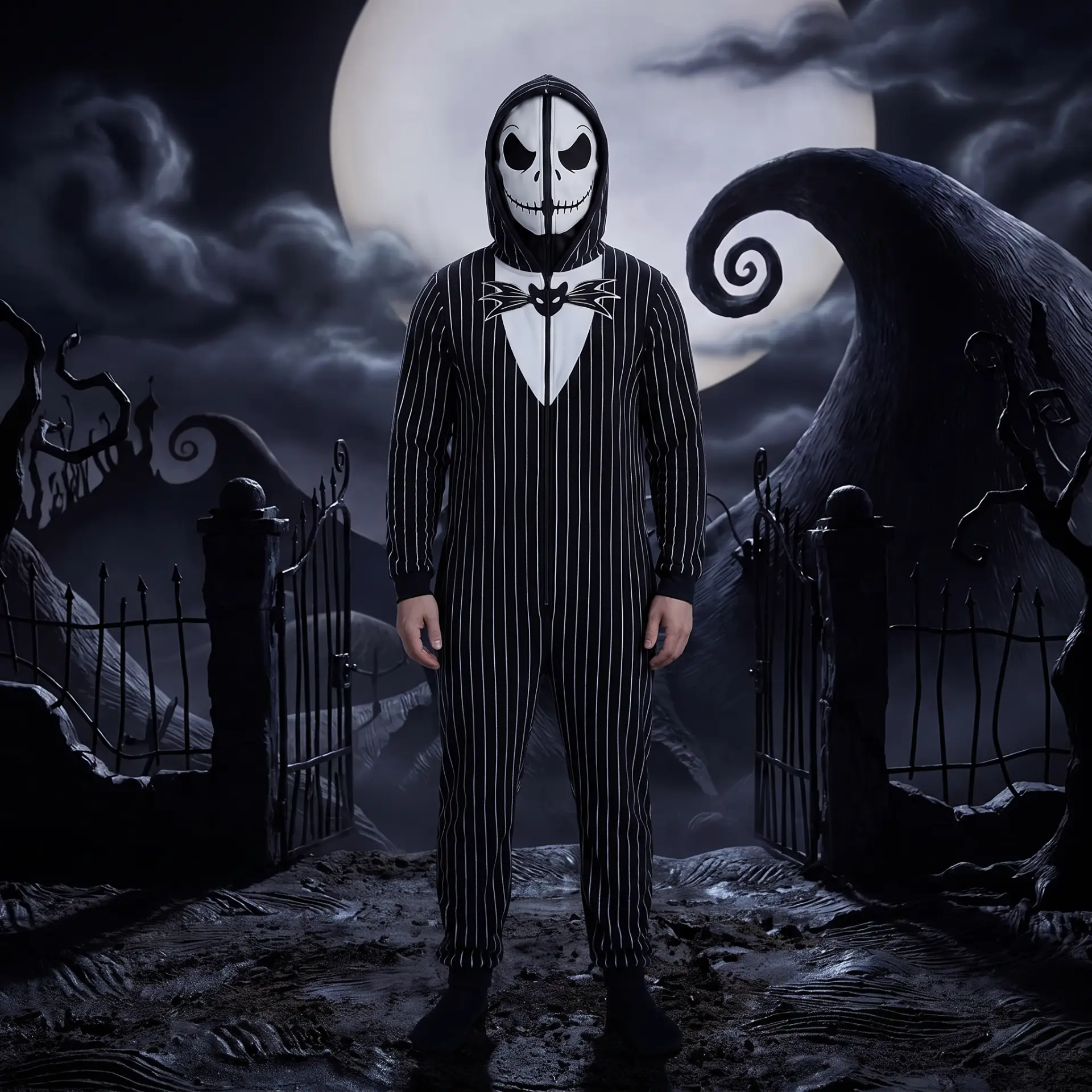 Black pinstripe hooded fleece onesie with a white skeleton face hood and bat bow tie